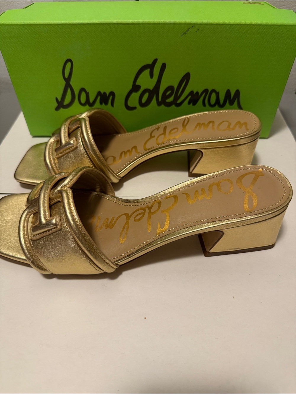 Sam Edelman Leather Gold Metallic Heeled Slide - Picture 2 of 5